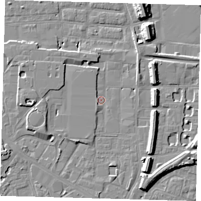 Shaded relief map of the ground around SE151TF, computed from Environment Agency LiDAR. The ground here sits at about 2 m above sea level and falls 12 m across the surrounding 800 m. Surface water reaching this point runs off ground lying to the south-south-east, 8.1 m higher.