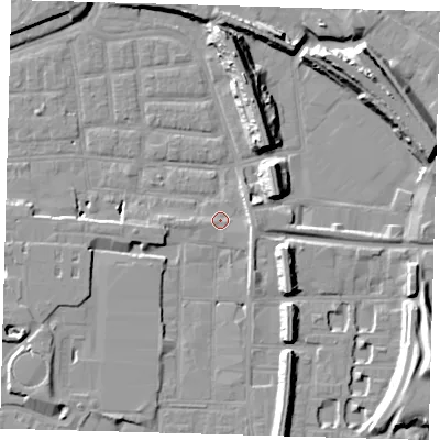 Shaded relief map of the ground around SE151TL, computed from Environment Agency LiDAR. The ground here sits at about 2 m above sea level and falls 15 m across the surrounding 800 m. Surface water reaching this point runs off ground lying to the south-west, 4.1 m higher.