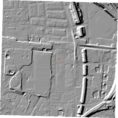 Shaded relief map of the ground around SE151TR, computed from Environment Agency LiDAR. The ground here sits at about 2 m above sea level and falls 14 m across the surrounding 800 m. Surface water reaching this point runs off ground lying to the south-south-east, 7.8 m higher.