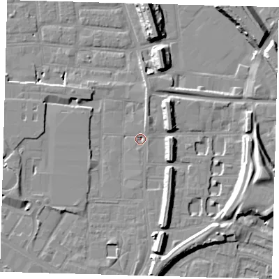 Shaded relief map of the ground around SE151TX, computed from Environment Agency LiDAR. The ground here sits at about 1 m above sea level and falls 15 m across the surrounding 800 m. Surface water reaching this point runs off ground lying to the south, 8.1 m higher.