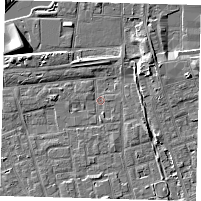 Shaded relief map of the ground around SE156AJ, computed from Environment Agency LiDAR. The ground here sits at about 2 m above sea level and falls 8 m across the surrounding 800 m. Surface water reaching this point runs off ground lying to the east-north-east, 6.1 m higher.