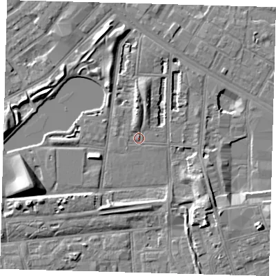 Shaded relief map of the ground around SE156AX, computed from Environment Agency LiDAR. The ground here sits at about 3 m above sea level and falls 10 m across the surrounding 800 m. Surface water reaching this point runs off ground lying to the north, 3.6 m higher.