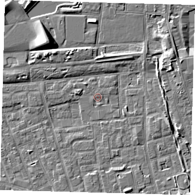 Shaded relief map of the ground around SE156BE, computed from Environment Agency LiDAR. The ground here sits at about 2 m above sea level and falls 8 m across the surrounding 800 m. Surface water reaching this point runs off ground lying to the south-south-east, 5.6 m higher.