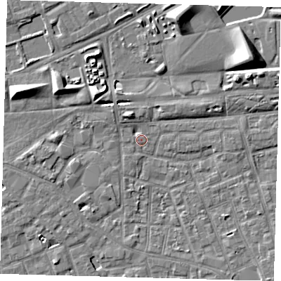 Shaded relief map of the ground around SE156BF, computed from Environment Agency LiDAR. The ground here sits at about 2 m above sea level and falls 9 m across the surrounding 800 m. Surface water reaching this point runs off ground lying to the north-west, 4.1 m higher.