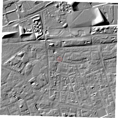 Shaded relief map of the ground around SE156BP, computed from Environment Agency LiDAR. The ground here sits at about 2 m above sea level and falls 9 m across the surrounding 800 m. Surface water reaching this point runs off ground lying to the north-west, 4.1 m higher.