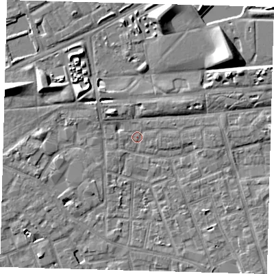 Shaded relief map of the ground around SE156BT, computed from Environment Agency LiDAR. The ground here sits at about 2 m above sea level and falls 9 m across the surrounding 800 m. Surface water reaching this point runs off ground lying to the north-west, 4.5 m higher.