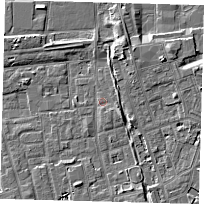 Shaded relief map of the ground around SE156BU, computed from Environment Agency LiDAR. The ground here sits at about 3 m above sea level and falls 7 m across the surrounding 800 m. Surface water reaching this point runs off ground lying to the south-east, 3.0 m higher.