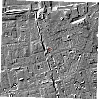 Shaded relief map of the ground around SE156BW, computed from Environment Agency LiDAR. The ground here sits at about 4 m above sea level and falls 7 m across the surrounding 800 m. Surface water reaching this point runs off ground lying to the south-south-east, 3.5 m higher.
