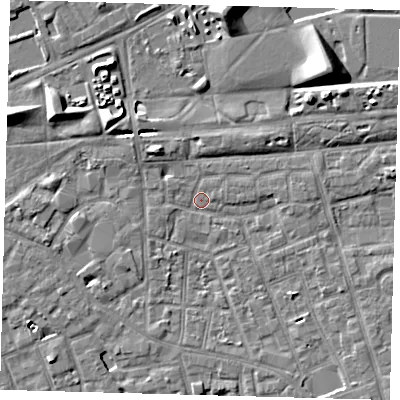 Shaded relief map of the ground around SE156BX, computed from Environment Agency LiDAR. The ground here sits at about 2 m above sea level and falls 9 m across the surrounding 800 m. Surface water reaching this point runs off ground lying to the north-west, 4.5 m higher.