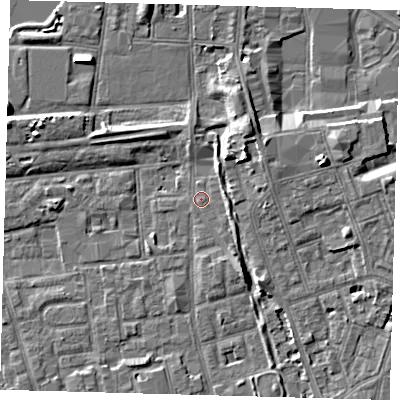 Shaded relief map of the ground around SE156DF, computed from Environment Agency LiDAR. The ground here sits at about 3 m above sea level and falls 7 m across the surrounding 800 m. Surface water reaching this point runs off ground lying to the north-east, 5.0 m higher.