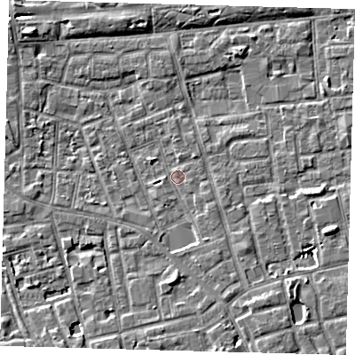 Shaded relief map of the ground around SE156DJ, computed from Environment Agency LiDAR. The ground here sits at about 3 m above sea level and falls 7 m across the surrounding 800 m. Surface water reaching this point runs off ground lying to the south-south-east, 2.3 m higher.