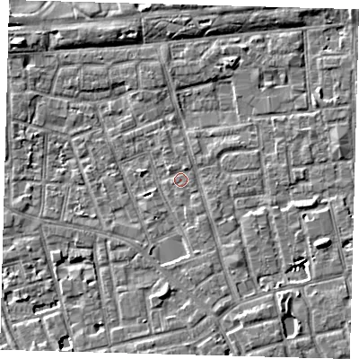Shaded relief map of the ground around SE156DL, computed from Environment Agency LiDAR. The ground here sits at about 3 m above sea level and falls 6 m across the surrounding 800 m. Surface water reaching this point runs off ground lying to the south-south-east, 2.2 m higher.