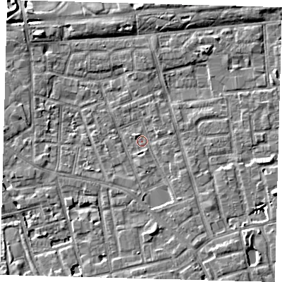 Shaded relief map of the ground around SE156DU, computed from Environment Agency LiDAR. The ground here sits at about 2 m above sea level and falls 7 m across the surrounding 800 m. Surface water reaching this point runs off ground lying to the south-south-east, 2.5 m higher.
