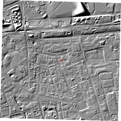 Shaded relief map of the ground around SE156EF, computed from Environment Agency LiDAR. The ground here sits at about 2 m above sea level and falls 9 m across the surrounding 800 m. Surface water reaching this point runs off ground lying to the south-south-east, 3.2 m higher.
