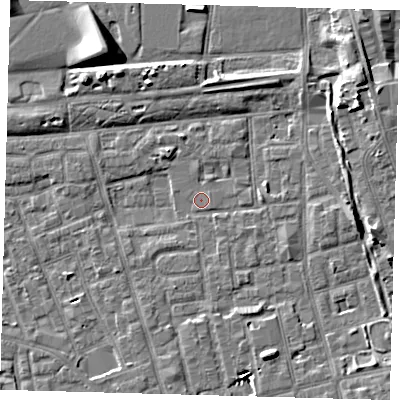 Shaded relief map of the ground around SE156ER, computed from Environment Agency LiDAR. The ground here sits at about 2 m above sea level and falls 9 m across the surrounding 800 m. Surface water reaching this point runs off ground lying to the south-south-east, 5.3 m higher.