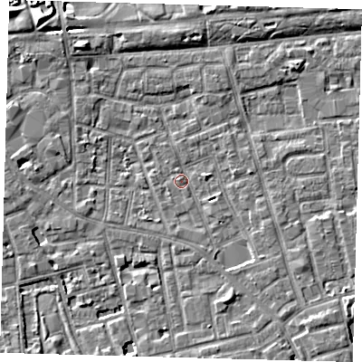 Shaded relief map of the ground around SE156EW, computed from Environment Agency LiDAR. The ground here sits at about 2 m above sea level and falls 6 m across the surrounding 800 m. Surface water reaching this point runs off ground lying to the south-east, 4.1 m higher.