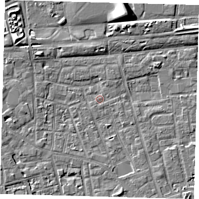 Shaded relief map of the ground around SE156EY, computed from Environment Agency LiDAR. The ground here sits at about 3 m above sea level and falls 9 m across the surrounding 800 m. Surface water reaching this point runs off ground lying to the south-south-east, 3.8 m higher.