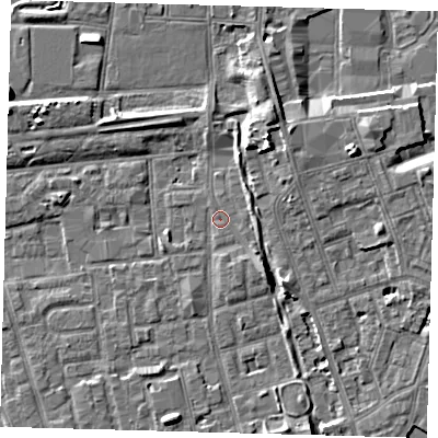 Shaded relief map of the ground around SE156FD, computed from Environment Agency LiDAR. The ground here sits at about 3 m above sea level and falls 7 m across the surrounding 800 m. Surface water reaching this point runs off ground lying to the south-east, 3.1 m higher.