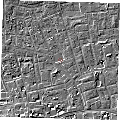 Shaded relief map of the ground around SE156FH, computed from Environment Agency LiDAR. The ground here sits at about 3 m above sea level and falls 7 m across the surrounding 800 m. Surface water reaching this point runs off ground lying to the east-south-east, 1.5 m higher.