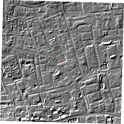 Shaded relief map of the ground around SE156FJ, computed from Environment Agency LiDAR. The ground here sits at about 3 m above sea level and falls 7 m across the surrounding 800 m. Surface water reaching this point runs off ground lying to the east-south-east, 1.5 m higher.