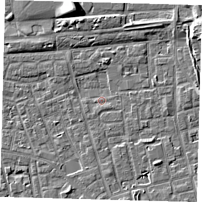 Shaded relief map of the ground around SE156FL, computed from Environment Agency LiDAR. The ground here sits at about 2 m above sea level and falls 9 m across the surrounding 800 m. Surface water reaching this point runs off ground lying to the south-east, 6.4 m higher.
