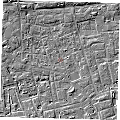 Shaded relief map of the ground around SE156FR, computed from Environment Agency LiDAR. The ground here sits at about 3 m above sea level and falls 6 m across the surrounding 800 m. Surface water reaching this point runs off ground lying to the south-east, 3.4 m higher.