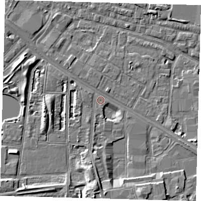 Shaded relief map of the ground around SE156FS, computed from Environment Agency LiDAR. The ground here sits at about 2 m above sea level and falls 8 m across the surrounding 800 m. Surface water reaching this point runs off ground lying to the south, 6.6 m higher.