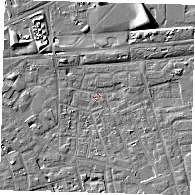 Shaded relief map of the ground around SE156FX, computed from Environment Agency LiDAR. The ground here sits at about 2 m above sea level and falls 9 m across the surrounding 800 m. Surface water reaching this point runs off ground lying to the west-south-west, 1.5 m higher.