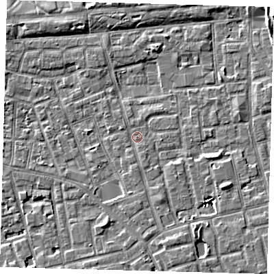 Shaded relief map of the ground around SE156GB, computed from Environment Agency LiDAR. The ground here sits at about 3 m above sea level and falls 6 m across the surrounding 800 m. Surface water reaching this point runs off ground lying to the south, 2.1 m higher.