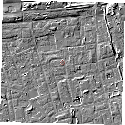 Shaded relief map of the ground around SE156GG, computed from Environment Agency LiDAR. The ground here sits at about 3 m above sea level and falls 7 m across the surrounding 800 m. Surface water reaching this point runs off ground lying to the south-east, 6.4 m higher.