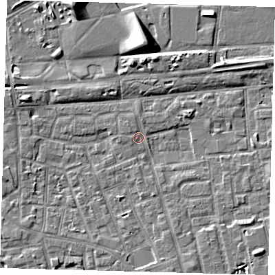 Shaded relief map of the ground around SE156GJ, computed from Environment Agency LiDAR. The ground here sits at about 2 m above sea level and falls 9 m across the surrounding 800 m. Surface water reaching this point runs off ground lying to the west-north-west, 3.7 m higher.