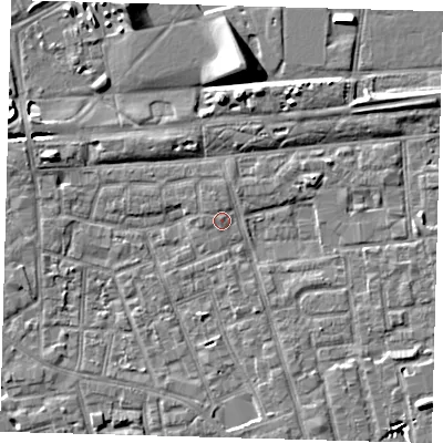 Shaded relief map of the ground around SE156GL, computed from Environment Agency LiDAR. The ground here sits at about 3 m above sea level and falls 9 m across the surrounding 800 m. Surface water reaching this point runs off ground lying to the west-north-west, 3.7 m higher.