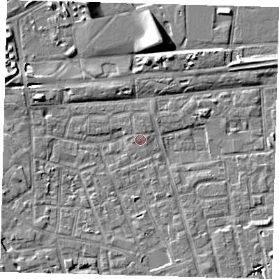 Shaded relief map of the ground around SE156GP, computed from Environment Agency LiDAR. The ground here sits at about 3 m above sea level and falls 9 m across the surrounding 800 m. Surface water reaching this point runs off ground lying to the east-north-east, 0.5 m higher.