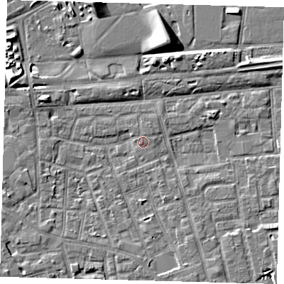 Shaded relief map of the ground around SE156GQ, computed from Environment Agency LiDAR. The ground here sits at about 3 m above sea level and falls 9 m across the surrounding 800 m. Surface water reaching this point runs off ground lying to the west-north-west, 3.7 m higher.