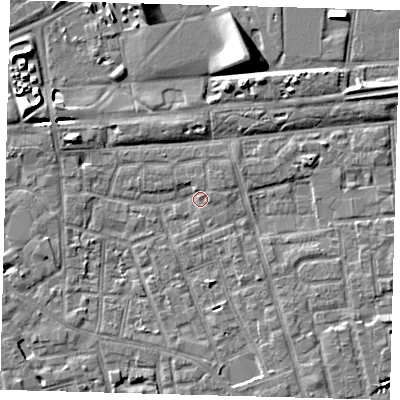 Shaded relief map of the ground around SE156GR, computed from Environment Agency LiDAR. The ground here sits at about 2 m above sea level and falls 9 m across the surrounding 800 m. Surface water reaching this point runs off ground lying to the west-north-west, 3.7 m higher.