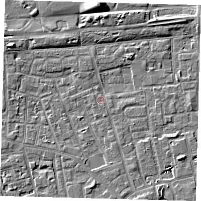 Shaded relief map of the ground around SE156GU, computed from Environment Agency LiDAR. The ground here sits at about 3 m above sea level and falls 9 m across the surrounding 800 m. Surface water reaching this point runs off ground lying to the south-east, 6.4 m higher.