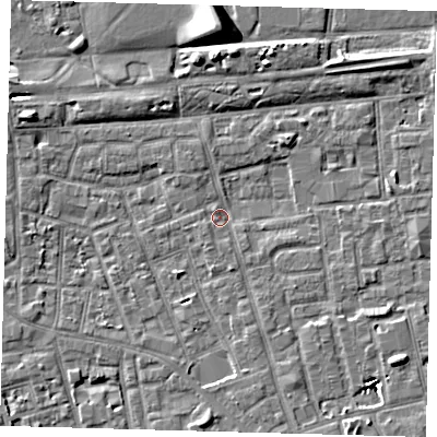 Shaded relief map of the ground around SE156GW, computed from Environment Agency LiDAR. The ground here sits at about 2 m above sea level and falls 9 m across the surrounding 800 m. Surface water reaching this point runs off ground lying to the north-east, 2.6 m higher.