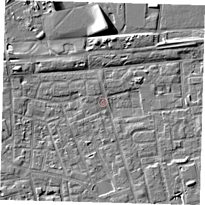 Shaded relief map of the ground around SE156GX, computed from Environment Agency LiDAR. The ground here sits at about 2 m above sea level and falls 9 m across the surrounding 800 m. Surface water reaching this point runs off ground lying to the west-north-west, 3.7 m higher.