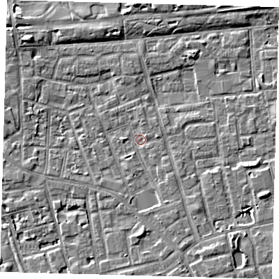 Shaded relief map of the ground around SE156GY, computed from Environment Agency LiDAR. The ground here sits at about 2 m above sea level and falls 7 m across the surrounding 800 m. Surface water reaching this point runs off ground lying to the south-south-east, 2.5 m higher.