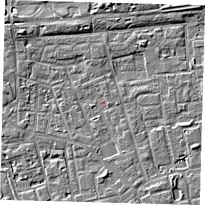 Shaded relief map of the ground around SE156GZ, computed from Environment Agency LiDAR. The ground here sits at about 3 m above sea level and falls 7 m across the surrounding 800 m. Surface water reaching this point runs off ground lying to the south-south-east, 2.5 m higher.