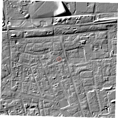 Shaded relief map of the ground around SE156HS, computed from Environment Agency LiDAR. The ground here sits at about 3 m above sea level and falls 9 m across the surrounding 800 m. Surface water reaching this point runs off ground lying to the south-east, 6.4 m higher.