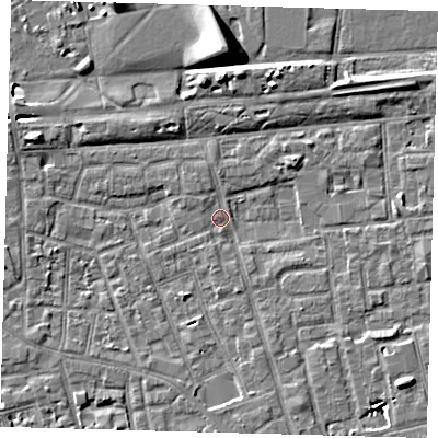 Shaded relief map of the ground around SE156HT, computed from Environment Agency LiDAR. The ground here sits at about 2 m above sea level and falls 9 m across the surrounding 800 m. Surface water reaching this point runs off ground lying to the south-east, 6.4 m higher.