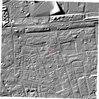 Shaded relief map of the ground around SE156HX, computed from Environment Agency LiDAR. The ground here sits at about 2 m above sea level and falls 9 m across the surrounding 800 m. Surface water reaching this point runs off ground lying to the west-north-west, 3.7 m higher.