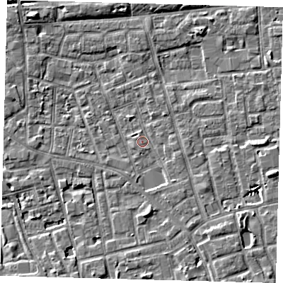 Shaded relief map of the ground around SE156HY, computed from Environment Agency LiDAR. The ground here sits at about 3 m above sea level and falls 7 m across the surrounding 800 m. Surface water reaching this point runs off ground lying to the south-south-east, 1.9 m higher.