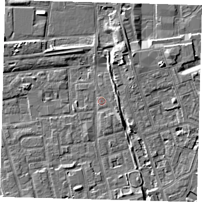 Shaded relief map of the ground around SE156LA, computed from Environment Agency LiDAR. The ground here sits at about 3 m above sea level and falls 7 m across the surrounding 800 m. Surface water reaching this point runs off ground lying to the south-east, 3.0 m higher.