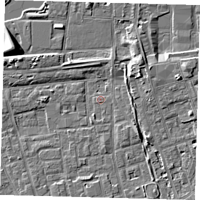Shaded relief map of the ground around SE156LF, computed from Environment Agency LiDAR. The ground here sits at about 3 m above sea level and falls 9 m across the surrounding 800 m. Surface water reaching this point runs off ground lying to the south-east, 3.2 m higher.