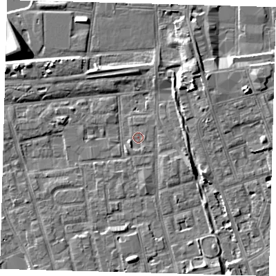 Shaded relief map of the ground around SE156LH, computed from Environment Agency LiDAR. The ground here sits at about 2 m above sea level and falls 8 m across the surrounding 800 m. Surface water reaching this point runs off ground lying to the west-south-west, 1.3 m higher.