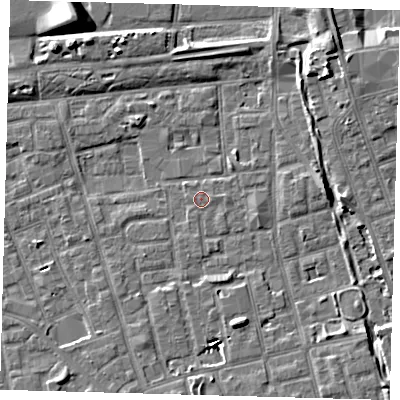 Shaded relief map of the ground around SE156LL, computed from Environment Agency LiDAR. The ground here sits at about 3 m above sea level and falls 9 m across the surrounding 800 m. Surface water reaching this point runs off ground lying to the south, 0.8 m higher.