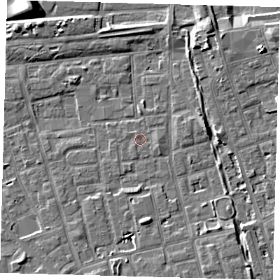 Shaded relief map of the ground around SE156LN, computed from Environment Agency LiDAR. The ground here sits at about 3 m above sea level and falls 9 m across the surrounding 800 m. Surface water reaching this point runs off ground lying to the south, 5.1 m higher.