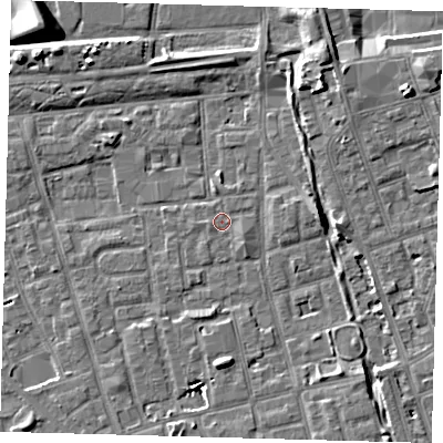 Shaded relief map of the ground around SE156LP, computed from Environment Agency LiDAR. The ground here sits at about 3 m above sea level and falls 9 m across the surrounding 800 m. Surface water reaching this point runs off ground lying to the south, 5.1 m higher.
